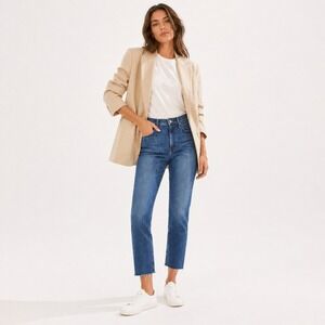 Mother Rascal Sneak Fray Jeans Women 28 High Rise Straight Leg Raw Hem Blue